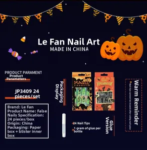 Detailed Halloween square press-on nails set with pumpkin and ghost motifs and 1g glue