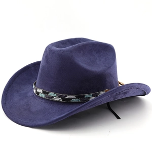 Close-up of suede cowboy hat featuring a colorful geometric beaded decorative band