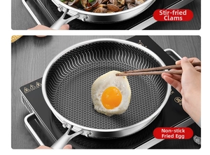 Close-up of 316L stainless steel frying pan with honeycomb texture showing non-stick surface