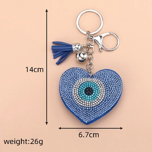Size details of the heart evil eye keychain with blue tassels and crystal rhinestones