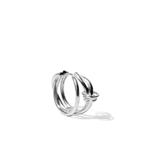 Detailed close-up of woven knot silver hoop earrings with high-polish metallic finish