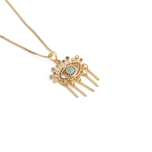 Fashionable gold necklace featuring a colorful evil eye pendant with five tassel charms