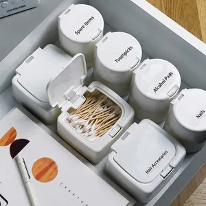 Mini Desktop Storage Box Press Pop Up Lid Plastic Dustproof Organizer For Cotton Swab Cosmetic Pad Jewelry Minimalist White