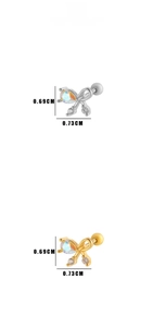 Detailed view of zircon bow stud earrings in gold and silver with ball screw back