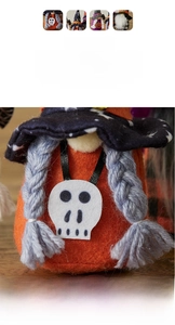 Detail of Halloween gnome doll with gray braids, black wizard hat and skull pendant