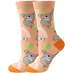 Cute beige crew socks with koala and leaf pattern featuring orange heel and toe accents