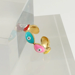 18k gold evil eye open ring with colorful enamel inlay in bohemian style