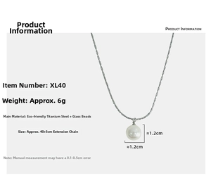 Detail view of 1.2cm pearl pendant with adjustable 40+5cm titanium steel snake chain
