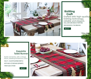 Detail of Christmas table runner with red plaid patterns and reindeer embroidery crafts
