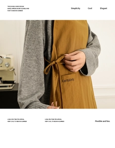Detail of a brown-yellow long split belted apron made of soft, comfortable fabric