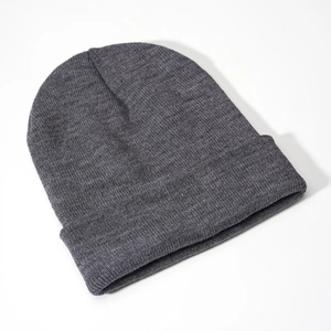 Detailed texture of charcoal grey knitted beanie hat with high-quality warm acrylic fiber