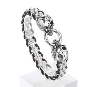 Punk woven black leather and silver steel chain bracelet featuring dual skull ring clasp