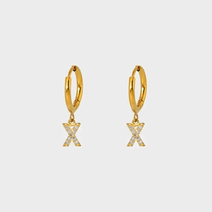Detail of gold-plated hoop earrings featuring a zircon-encrusted X-shaped pendant charm