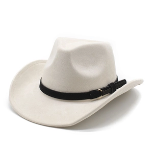 Beigefarbener Western-Cowboyhut aus Wollfilz mit geschwungener Krempe und Metallschnalle