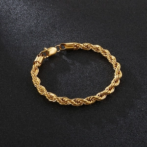 Detailed close-up of a 6mm gold-plated stainless steel rope chain bracelet with lobster clasp