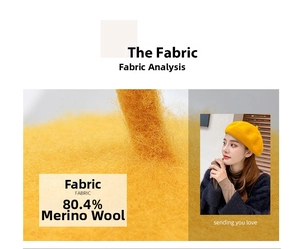 Close-up of wool beret fabric featuring 80.4% sheep wool texture and bright yellow finish