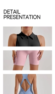 Detail presentation of zipper collar and racerback cut on elastic yoga rompers