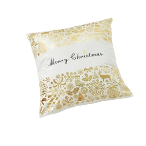 White Christmas plush pillow cover with golden festive patterns and Merry Christmas text