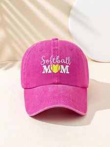 Detail of Softball MOM embroidery and yellow heart ball on pink washed cotton baseball cap