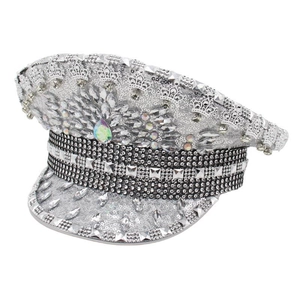 Silver sparkling rhinestone flat-top captain hat for rave festivals and stage performances