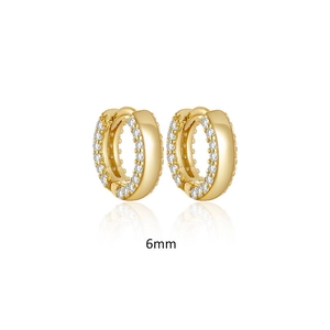 Close-up of 6mm sterling silver gold hoop earrings with double-row sparkling stones