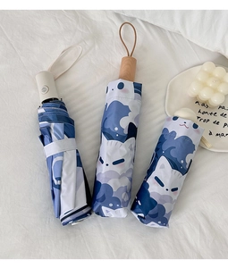 Detailed view of foldable umbrellas featuring cute cartoon cat prints and premium handles