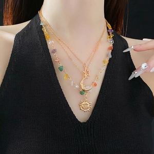 Three-layer gold sun moon star necklace with bohemian colorful gemstone accents