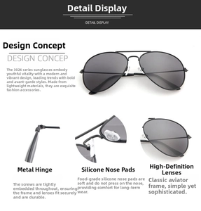 Detailed views of aviator sunglasses showing metal hinges, silicone nose pads, and grey lenses