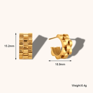 Heavy hip-hop style two-tone track earrings in vacuum plated stainless steel gold finish