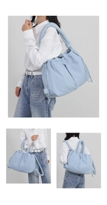 Detailed views of light blue padded nylon bag used as shoulder bag and backpack
