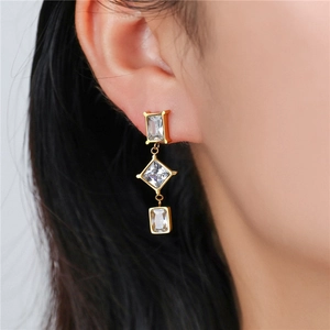 Elegant gold drop earrings with triple geometric clear zircons for a minimalist style