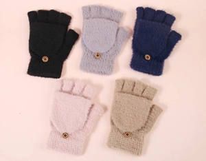 Detailed flat lay of warm cashmere-like flip top fingerless gloves in five assorted colors