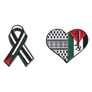 Enamel brooch set with heart and ribbon shapes featuring Palestine flag colors and grid pattern