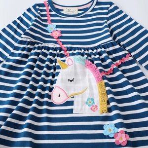 Girls long-sleeve cotton dress with blue white stripes and unicorn floral embroidery