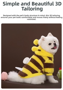 Detail of warm yellow bee-shaped pet hoodie with cute wings and soft coral fleece fabric