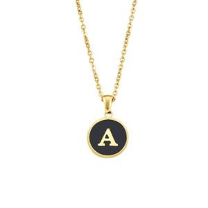 Minimalist gold letter A necklace with black enamel round pendant on a delicate cable chain