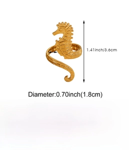 Detailed size specifications of a golden stainless steel seahorse wrap ring