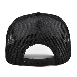 Back view of black trucker hat showing breathable mesh and adjustable plastic strap buckle