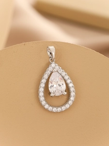Close-up of a pear-shaped clear zircon drop pendant with silver micro-pave setting