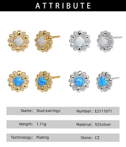 Detailansicht der S925 Silber Gänseblümchen Ohrstecker mit Opal und Zirkonia Steinen