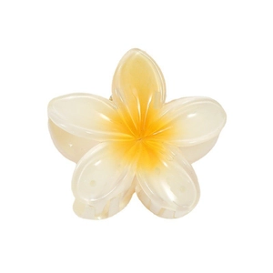 Frangipani flower hair claw clip with yellow gradient acrylic petals on white background
