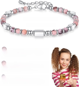 Detail of 4mm Pink Zebra Jasper beads and stainless steel chain on a handmade bracelet
