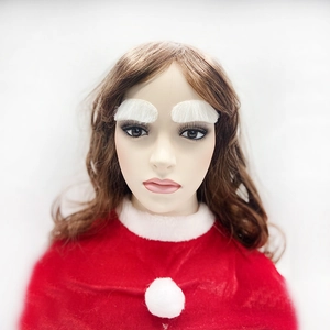 Close-up of thick white Christmas eyebrows and long wig on a female model head