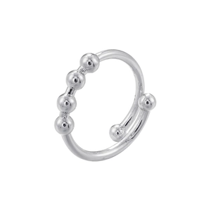 Close-up of polished silver open ring with decorative metal beads and textured twist detail