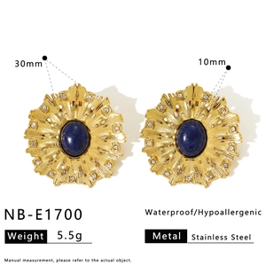 Detailed close-up of golden sunflower earrings featuring blue lapis lazuli and crystals