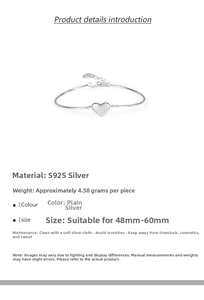 Macro shot of S925 sterling silver heart bangle showing technical specs and 4.58g weight