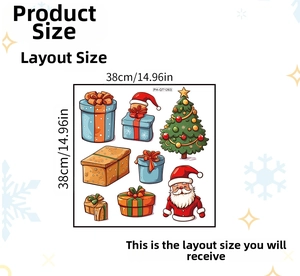 Detailed size chart showing Christmas wall stickers with Santa and tree motifs 38x38cm