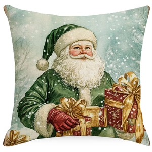 Detailed view of vintage Santa Claus illustration on linen Christmas pillowcase