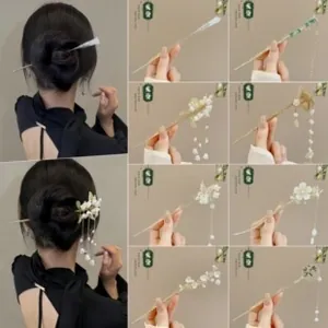 Detail of vintage Chinese hairpins with flower designs, pearls, and tassels