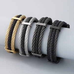 Men's steel wire and braided leather bracelets in gold, silver, gunblack, and black